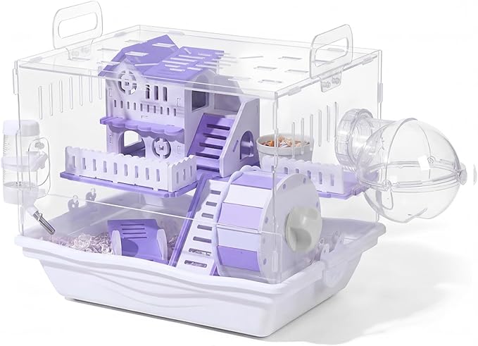 Loungewave Acrylic Hamster Cage, 2-Tier Gerbil Cage with Wooden Wheel, Small Dwarf Hamster Cage Habitat, Garden Mouse Cage for Pet Mice, Clear View Inside Easy to Clean, Purple
