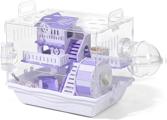 Loungewave Acrylic Hamster Cage, 2-Tier Gerbil Cage with Wooden Wheel, Small Dwarf Hamster Cage Habitat, Garden Mouse Cage for Pet Mice, Clear View Inside Easy to Clean, Purple