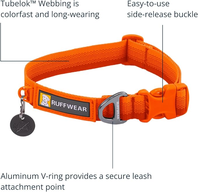 Ruffwear, Front Range Dog Collar, Adjustable Tubelok Webbing, Lightweight, Side Release Buckle, Aluminum V-Ring, Durable for Everyday Use, Blaze Orange, 14"-20"