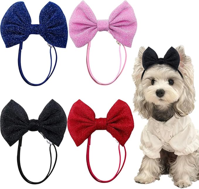 4Pcs Dog Hair Bow Headband for Small Medium Dogs, Adjustable Pet Dog Hair Bow Headband for Pets Puppy Cats Grooming Accessories (Solid Color, for Puppies)