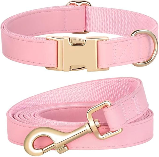 PET ARTIST Soft PU Leather Dog Collar and Leash Set, Bright & Stylish 5FT PU Leather Leash and Collar Set, Durable Pet Collars with Quick Release Metal Buckle for Large Dogs,Pink,L(16-27")