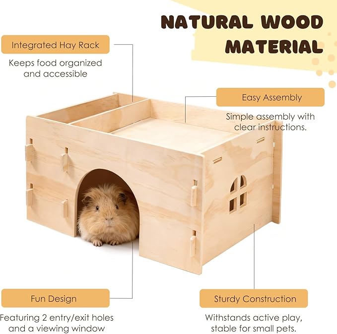Wooden Guinea Pig Hideout House with Hay Rack - Sturdy Small Animal Habitat Hut for Chinchillas, Hamsters & Small Pets - Includes 2 Reusable Mats & 2 Letter Sticker Sets