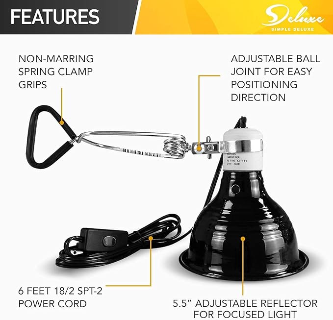 Simple Deluxe 5.5 Inch Reptile Dome Clamp Light Fixture with Aluminum Reflector for Reptile Glass Tank, 60W Ceramic Lamp Cap, Without Bulb, Black
