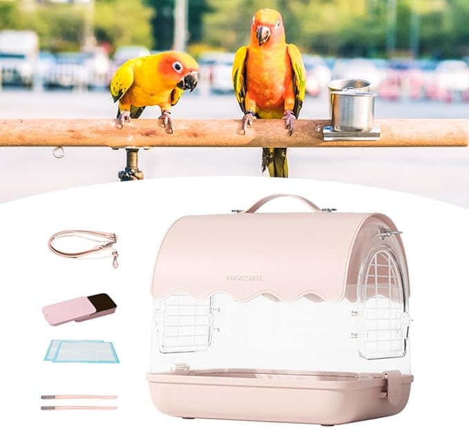 Portable Bird Transporter with Convenient Carrying Straps, PU Leather Pink
