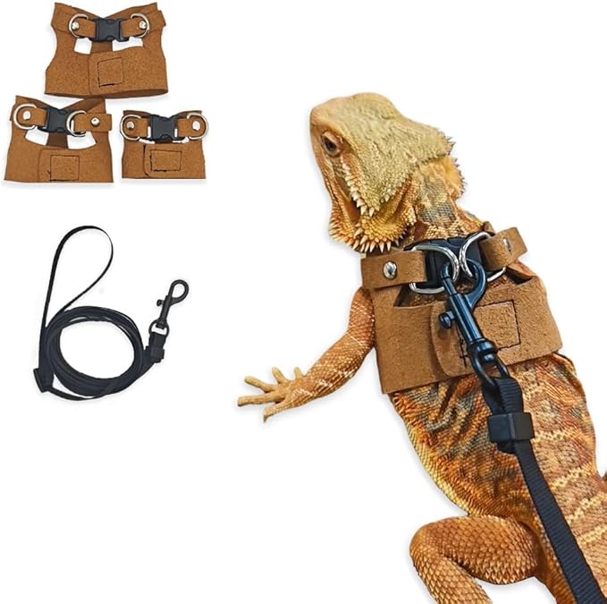 Bearded Dragon Harness Leash Set Harness 3PC S/M/L Soft Leather Vest Outdoor Walking Control Traction Rope for Lizard Reptile Iguana Gecko (Brown)