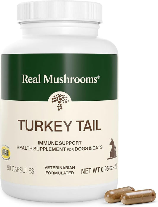 Real Mushrooms Turkey Tail Capsules for Pets –Cat Probiotics & Dog Vitamins – Organic Mushroom Supplement for Dogs & Cats – Supports Daily Balance & Well-Being Non-GMO, 90 ct