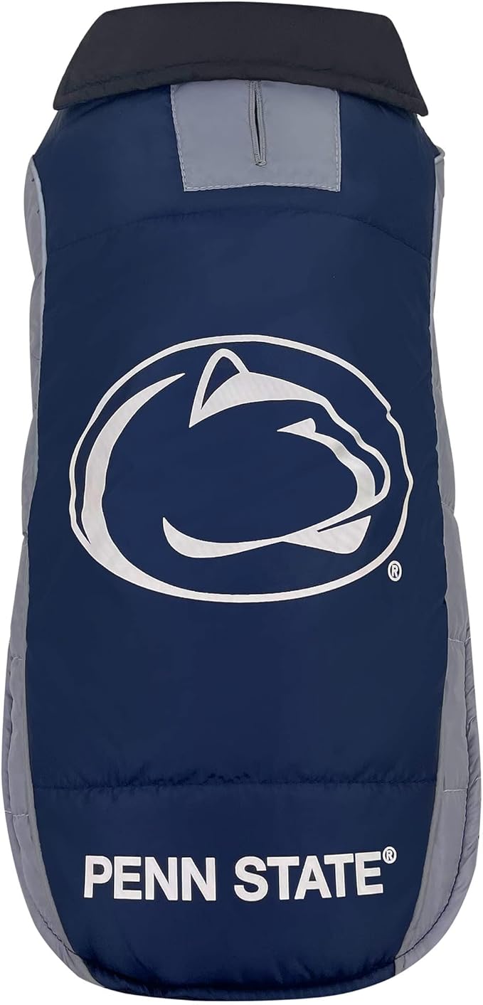 NCAA Penn State Nittany Lions Puffer Vest for Dogs & Cats, Size Small. Warm, Cozy, and Waterproof Dog Coat, for Small and Large Dogs/Cats. Best NCAA Licensed PET Warming Sports Jacket