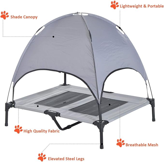 PawHut Elevated Portable Dog Cot Cooling Pet Bed with UV Protection Canopy Shade, 36 inch