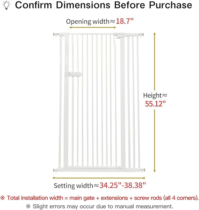 Lumizone Extra Tall Cat Gate 55.12" High Pressure Mounted Extra Wide 2025 New (17 Sizes) 1.37" Gap No Drilling Auto-Close One-Handed Operation Tall Pet Gate for Dogs(White, 55.12" H x 29.92"-38.38" W)