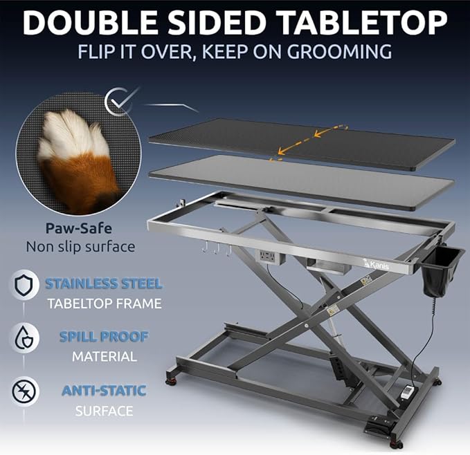 KANIS Professional Electric Dog Grooming Table - Heavy Duty, Height Adjustable Pet Grooming Table w/Leveling Wheels, Dog Grooming Arm, Anti-Slip Tabletop & Tool Organizer (Grey, 60")