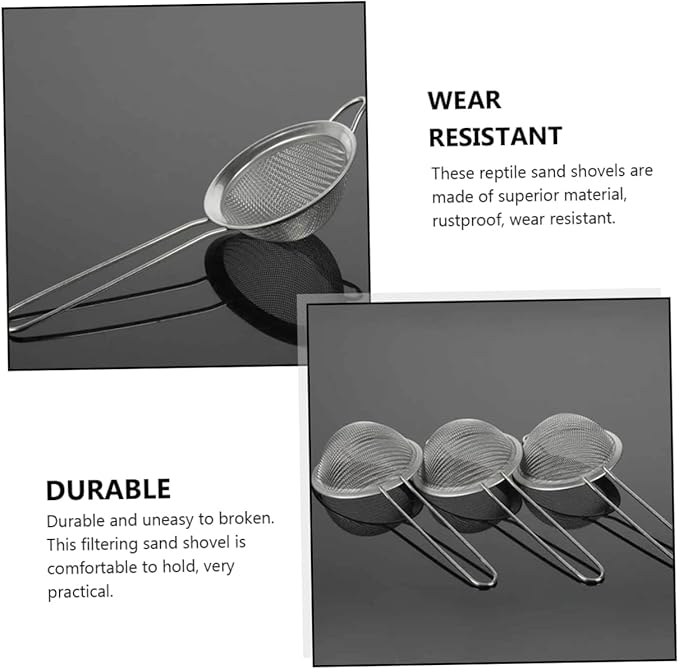 2PCS Lizard Dung Sieve Shovel Set Reptile Sand Filtering Shovel Mesh Sturdy Stainless Steel Sand Scoop for Reptile Habitats