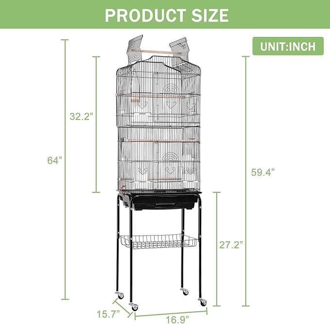 64 inch Bird Cage, Wrought Iron Parakeet Cage Bird Cages for Cockatiels, Medium Small Parrots, Conures, Lovebirds, Budgies, Finches, Detachable Rolling Stand & Play Open Top & Storage Shelf, Black