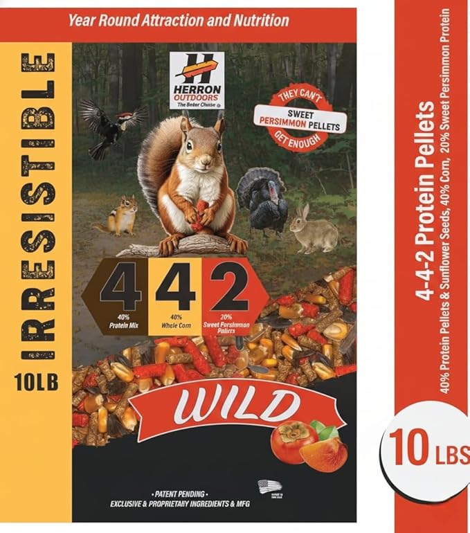 4-4-2 Wild - Wildlife Feed - Squirrel Food with Persimmon Flavor, Protein Pellets, Corn & Sunflower Seeds - Balanced Diet Formula Attracts 28 Species - Ideal for Bird & Squirrel Feeders - 10lb Bag