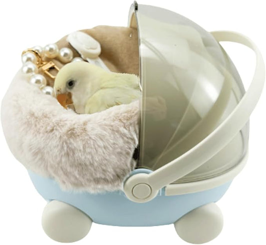 Bird Carrier Cage with Warm Nest, Cushion and Safe Lock, Portable Cages with Chain, Small Animals Travel Carrier Plastic Breathable Outgoing Box for Hamsters Lovebirds Budgies Sugar Gliders (Blue)