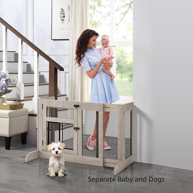 unipaws Dog Gate Indoor, Separates Puppy and Large Dogs, Walk Through Pet Gate with Dog Door, Free Standing, Adjustable 33.3-41.6 Inches Wide, Gray, Metal & Wood