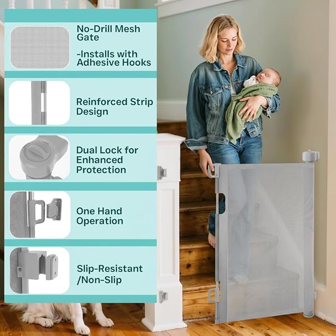Retractable Baby Gate,Mesh Baby Gate or Mesh Dog Gate,34" Tall,Extends up to 120" Wide,Child Safety Gate for Doorways, Stairs, Hallways, Indoor or Outdoor (Gray, 120''Wide 34''Tall)