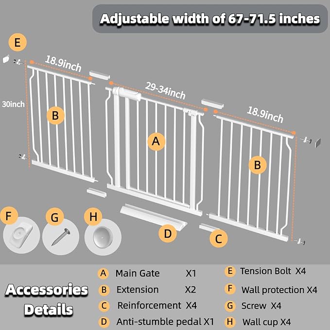 Extra Wide Walk Through Baby Gate with Door,67-71.5 Inch Wide Presure Mounted No Drill Metal Auto Close Child Gate for Stair Doorway - Indoor Outdoor Safty Gate for Toddler Dog Doggie, White