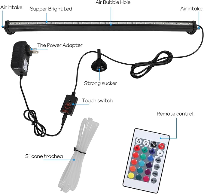 Submersible Aquarium Light, Fish Tank Light with Air Bubble Hole, RGB Color Changing Brightness Adjustable IP68 Waterproof Remote Control LED Light for Aquarium Fish Tank 20 inch