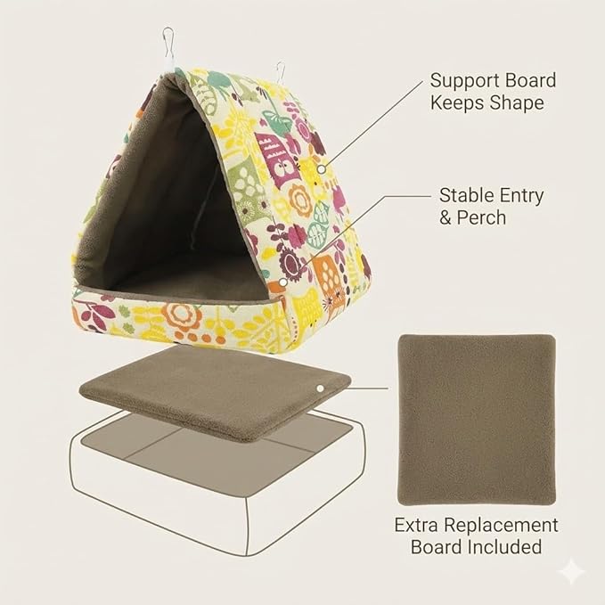 ANZOME Safety Bird Bed Hammock - Anti-Tangle Fleece Warm Bird Nest for Cage, Cozy Winter Hut for Parakeets, Cockatiels, Conures & Lovebirds (M Size, Washable Base)