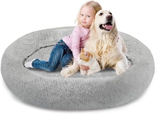 SAVFOX 54 inches Calming Donut Dog Bed - 3X Durable Plush Faux Fur, Machine Washable & Non-Slip, Fits up to 210 lbs, Removable Cover, Light Grey