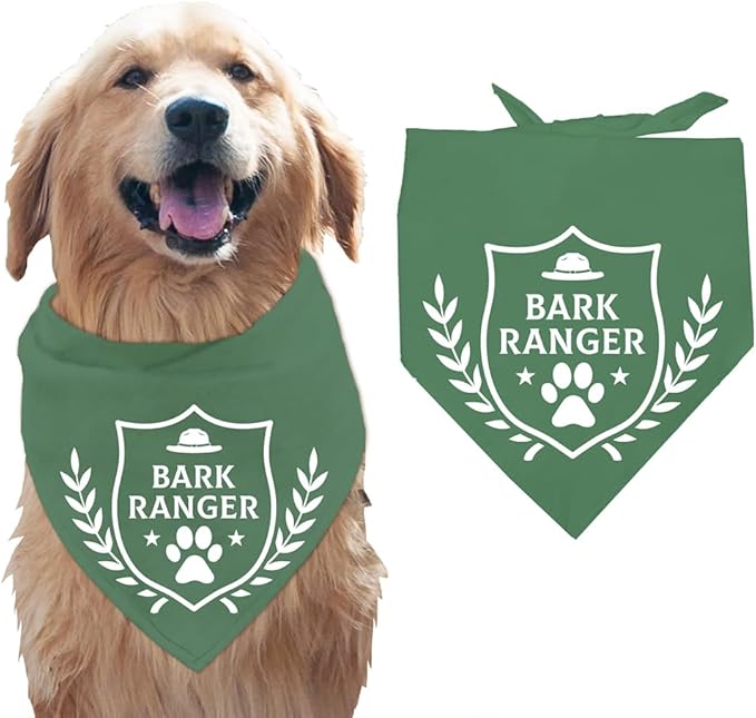 arricraft 1 Pc Pet Dog Bandana, Green Adjustable Triangle Pet's Bandana with Bark Ranger Words Shield Pattern Washable Cotton Scarf Bibs Kerchief for Dog Puppy Cat Kitten Pet 30.70x14.96inch(78x38cm)