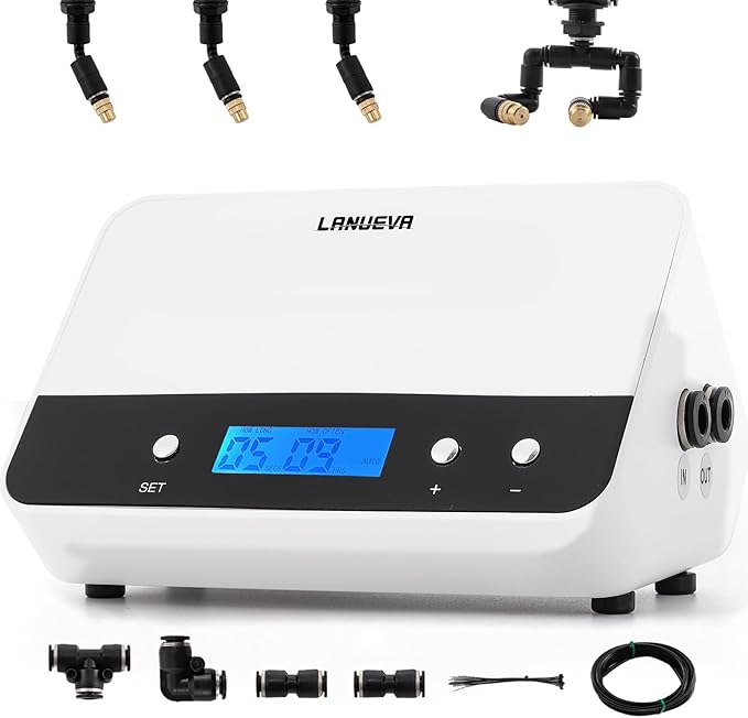 LANUEVA Timing Reptile Smart Mister, Terrarium Misting System with 3 Single Nozzles 360°Adjustable + 1 Double Nozzle, Reptile Fogger Humidifier for Lizard, Chameleon, Plants, Amphibian, Vivarium, Tank