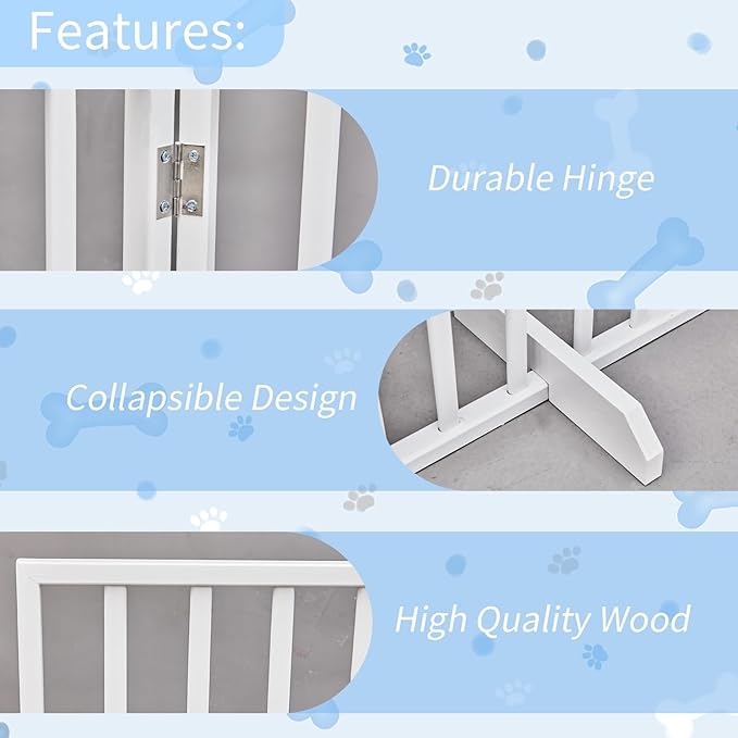 BONNLO Free Standing Dog Gate Indoor, Foldable Pet Gate for Dogs and Puppy, 24" Height Wooden Dog Gates for Doorways Extra Wide/Stairs/Hallways (White, 4 Panel)