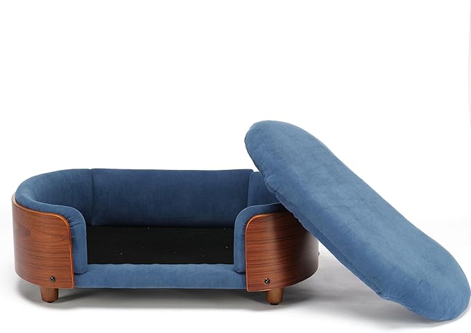 Elevated Dog Bed Pet Sofa with Solid Wood Legs and Bent Soft Backrest, Pet Cat Stool Bed with Velvet Cushion,for Small and Medium Size Dogs Kitten, Blue, Small Size