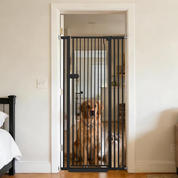 Lumizone Extra Tall Cat Gate 61.02" High Pressure Mounted Extra Wide 2025 New (17 Sizes) 1.37" Gap No Drilling Auto-Close One-Handed Operation Tall Pet Gate for Dogs(Black, 61.02" H x 29.92"-38.38" W)