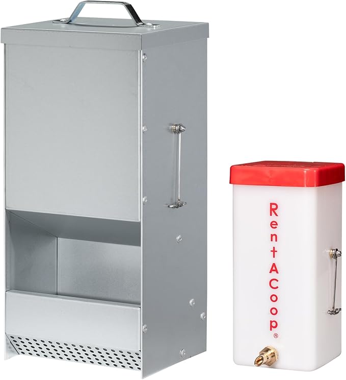 RentACoop 5 Pound Metal Trough Feeder 32 Ounce (1 Liter) Drinker Set for Rabbits, Guinea Pigs, Ferrets, Small Animals