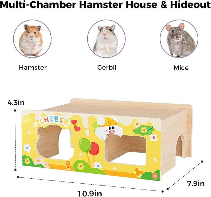 mini&moe Hamster Houses and Hideouts – Wooden Multi-Room Hamster Hideout Small Animal Habitat Decor Shelter with Platform for Dwarf Gerbils Chinchilla Rat Mouse
