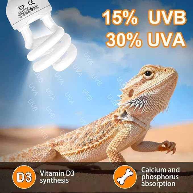 UVB Reptile Light, 15.0 15W UVA UVB Light for Reptiles, Spiral Compact Fluorescent UVB Bulb for Desert Reptiles and Amphibians