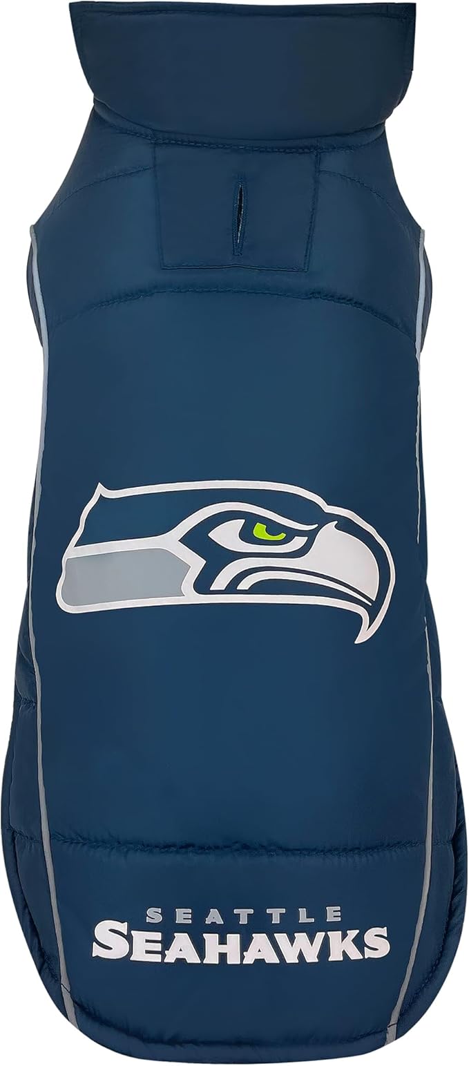 NFL New Seattle Seahawks Puffer Vest for Dogs & Cats, Size Small. Warm, Cozy, and Waterproof Dog Coat, for Small and Large Dogs/Cats. Best NFL Licensed PET Warming Sports Jacket