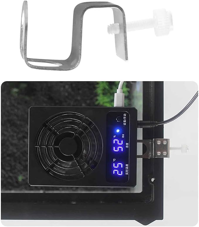 iDili Reptile Rainforest Tank Thermometer and Hygrometer, Intelligent Control Ventilation Fan Digital Display Ventilation Dehumidifica