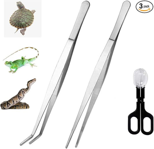 alfyng 15 Inch Reptile Feeding Tongs Long Tweezers Cricket Clamp Bug Scooper, 3 Pcs Stainless Steel Straight and Curved Tweezers Feeder Tool for Snake Lizard Gecko Spider Bearded Dragon