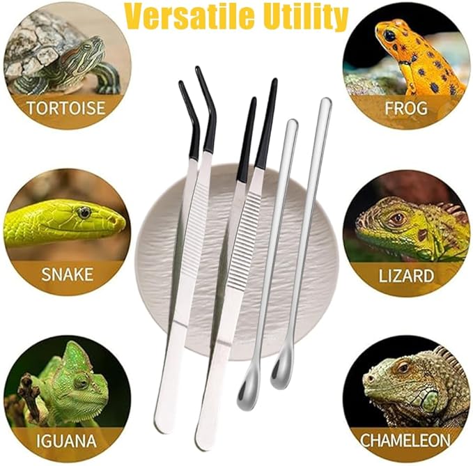 Ouliget Reptile Feeding Tool Set,Reptile Feeding Spoon,Rubber Tip Straight Curved Feeding Tongs Tweezers,Small Reptile Food Plastic Dish Bowl for Geckos Lizards Bearded Dragons
