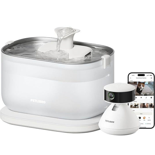 Bundle of PETLIBRO AI Pet Camera Indoor with Phone App, 360° View Dog Camera, 1080P Cat Cam Night Vision + PETLIBRO Cat Water Fountain, Wireless Pump Cat Fountain, 2.5L/84oz Pet Water Fountain