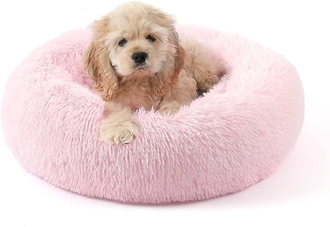 NOYAL Calming Donut Dog Bed for Small to Medium Dogs & Cats - Plush Faux Fur Anti-Anxiety Pet Bed with Machine Washable Cover & Non-Slip Base
