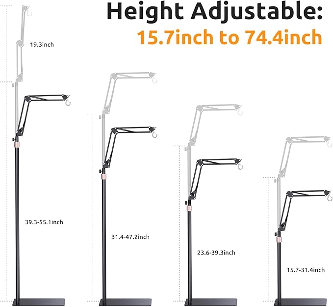 Reptile Lamp Stand Reptile Light Stand, Freely Adjustable Height (15.7inch to 74.4inch) with 360° Adjustable Swing Arm, Heat Lamp Holder for Bearded Dragon Turtles Snake and Chicks