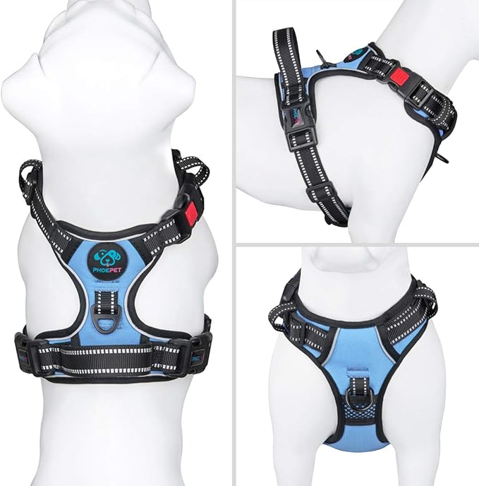 PHOEPET No Pull Dog Harness Reflective Adjustable Vest with a Training Handle, Name ID Pocket, 2 Metal Leash Hooks, 3 Snap Buckles [Easy to Put on & Take Off](S, Baby Blue)