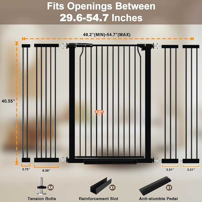 41" Extra Tall Baby Gate With Door, 40.6-54.7 In Wide Dog Gates for Doorways Stairs, Walk Through Large Pet Gate Indoor, Pressure Mounted Child Safety Gates for Kids Puppy Doggie Metal Black