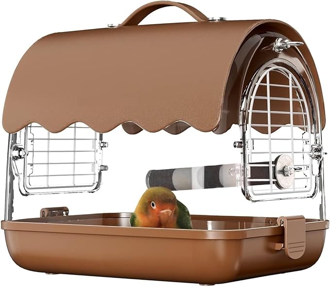 Indoor Bird Cage Bird Carrier Backpack with Perch, Transparent Travel Cage Bag with Shade Cover Visible Window for Parrots Budgie Decorative Aviary(Brown)