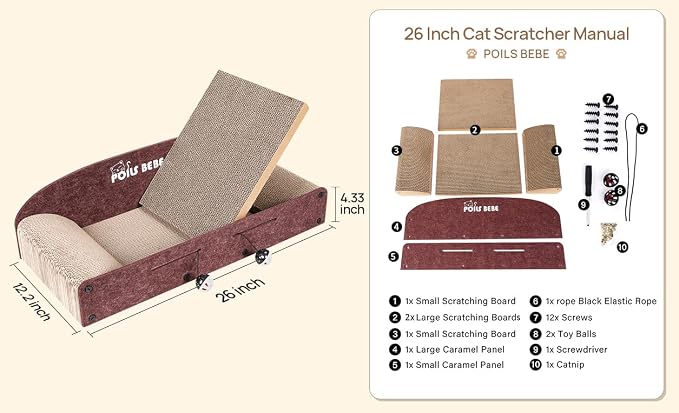 Poils Bebe 26 Inch Sofa Cat Scratcher, Small Cat Scratcher Cardboard with Bell Balls, Durable Couch Lounger for Indoor Cats, Cat Scratch Furniture Protector with Catnip, Cat Toys - Image 9