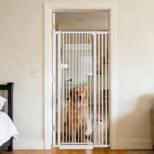 Lumizone Extra Tall Cat Gate 61.02" High Pressure Mounted Extra Wide 2025 New (17 Sizes) 1.37" Gap No Drilling Auto-Close One-Handed Operation Tall Pet Gate for Dogs(White, 61.02" H x 29.92"-38.38" W)