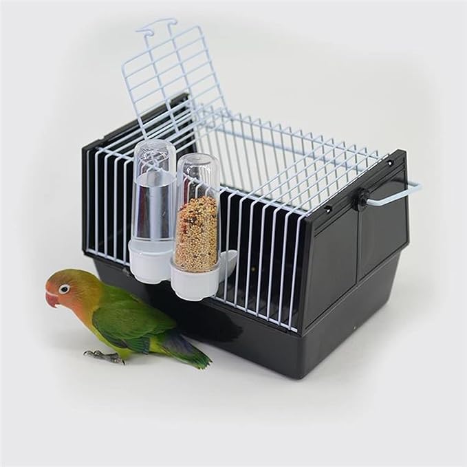 Portable Bird Cage Travel Carrier for Small Birds, Parrotlet, Lovebirds, Finches - Breathable with Feeding Cups, Black