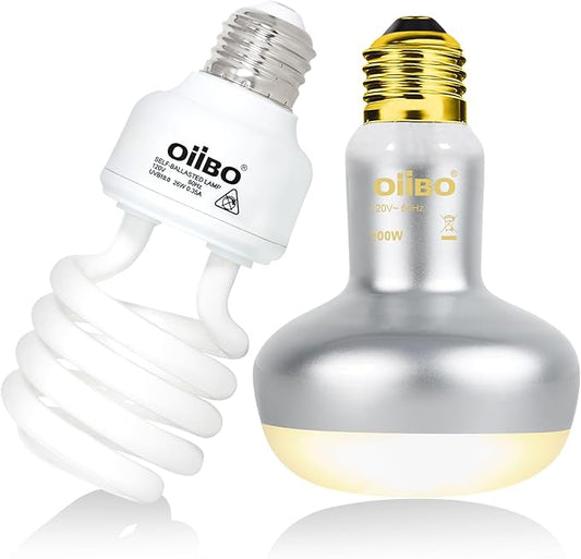 Oiibo 100W Reptile Heat Lamp Blub and 26W 10.0 UVB Reptile Light Combo Pack, Basking Spot Light UVA Heat Lamp Bulb and 26W Energy Saving UVB UVA Light for Reptiles Bearded Dragon,Turtles,Lizard