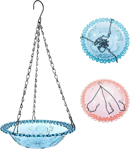Hanging Bird Baths & Feeders for Outdoors, Bird Water Bowl and Seed Trays Set Feeders for Outside, Garden, Patio Lawn Yard Decor Blue & Pink (2)