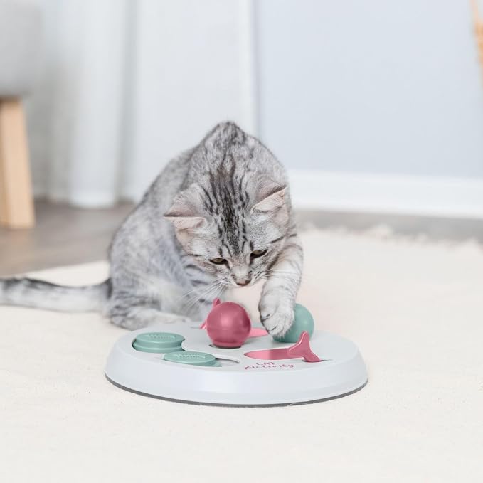 Trixie Cat Activity Flip Board ?€? 4-Module Treat Puzzle Enrichment Toy for Mental Stimulation & Slow Feeding ?€? Interactive Cat Toy for Indoor Cats ?€? Berry/Gray, 9 x 9 x 2.5 in - Image 5