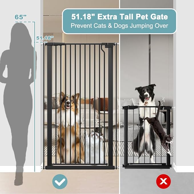 51.18" Extra Tall Pet Gate for Cats Dogs-29.6"-56.3" Extra Wide Baby Cat Gate for Stairs and Doorways-1.37" Ultra Narrow Spacing Dog Gate Dog Door with One-Handed Operation(29.6"-56.3")