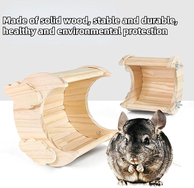 Hamster Hideout Guinea Pig Moon Shape Wooden Cabin Squirrel Wooden House for Sugar Glider Chinchilla Cage Accessories (L)